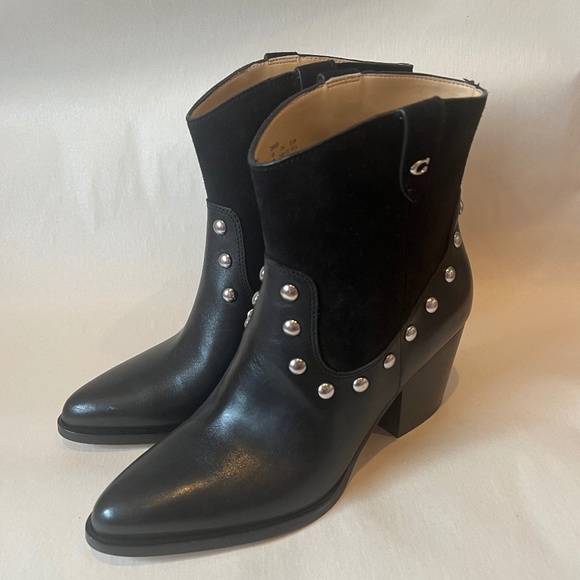 Coach Black Pauline Studded Black Leather Suede Glam Rock Cowboy Booties Boots - Picture 15 of 15